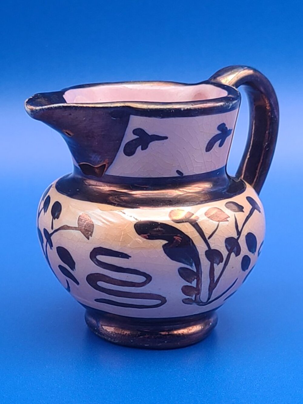 Cumbow Vintage Peachy Pink Copper Lusterware Mini Pitcher 2.25"